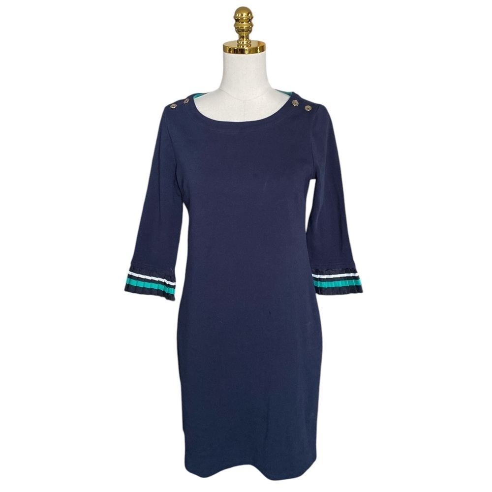 TALBOTS | Navy/Green Ponte Sheath Boatneck Ruffle Hem Nautical Shift Dress Sz PM